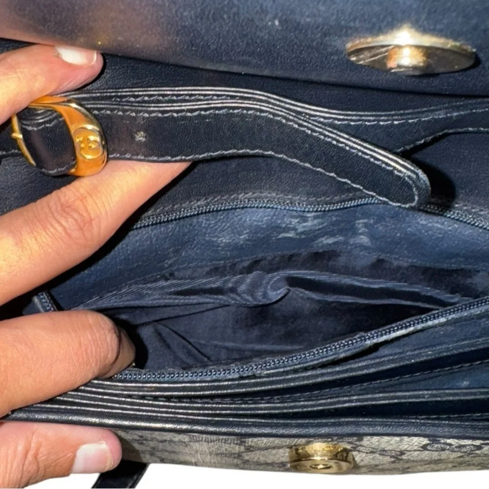 Vintage Gucci GG Monogram Shoulder Bag Navy Leather Trim | Unused 1970s